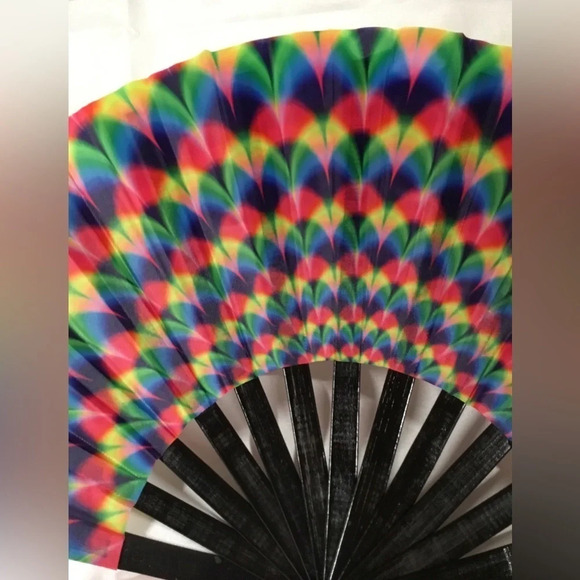 FairySandy Large Rave Fan. 25 “ Yellow, blue, green, fushia pattern. New - Picture 2 of 3